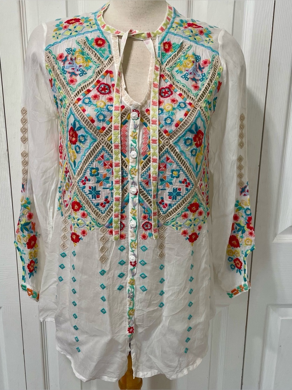 Johnny Was White Embroidered Floral Blouse with Red and Turquoise Accents